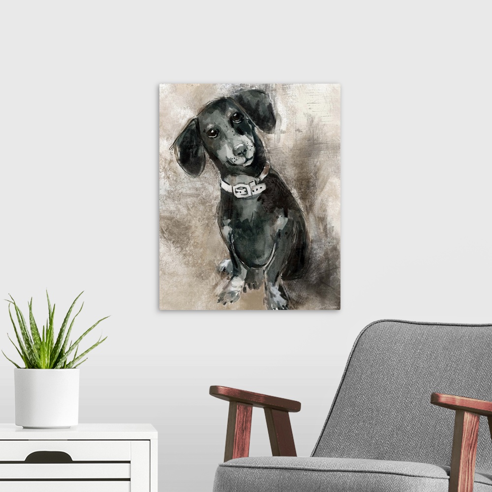A modern room featuring Watercolor painting of a cute dachshund in grey, black, and white tones on a mixed neutral colore...