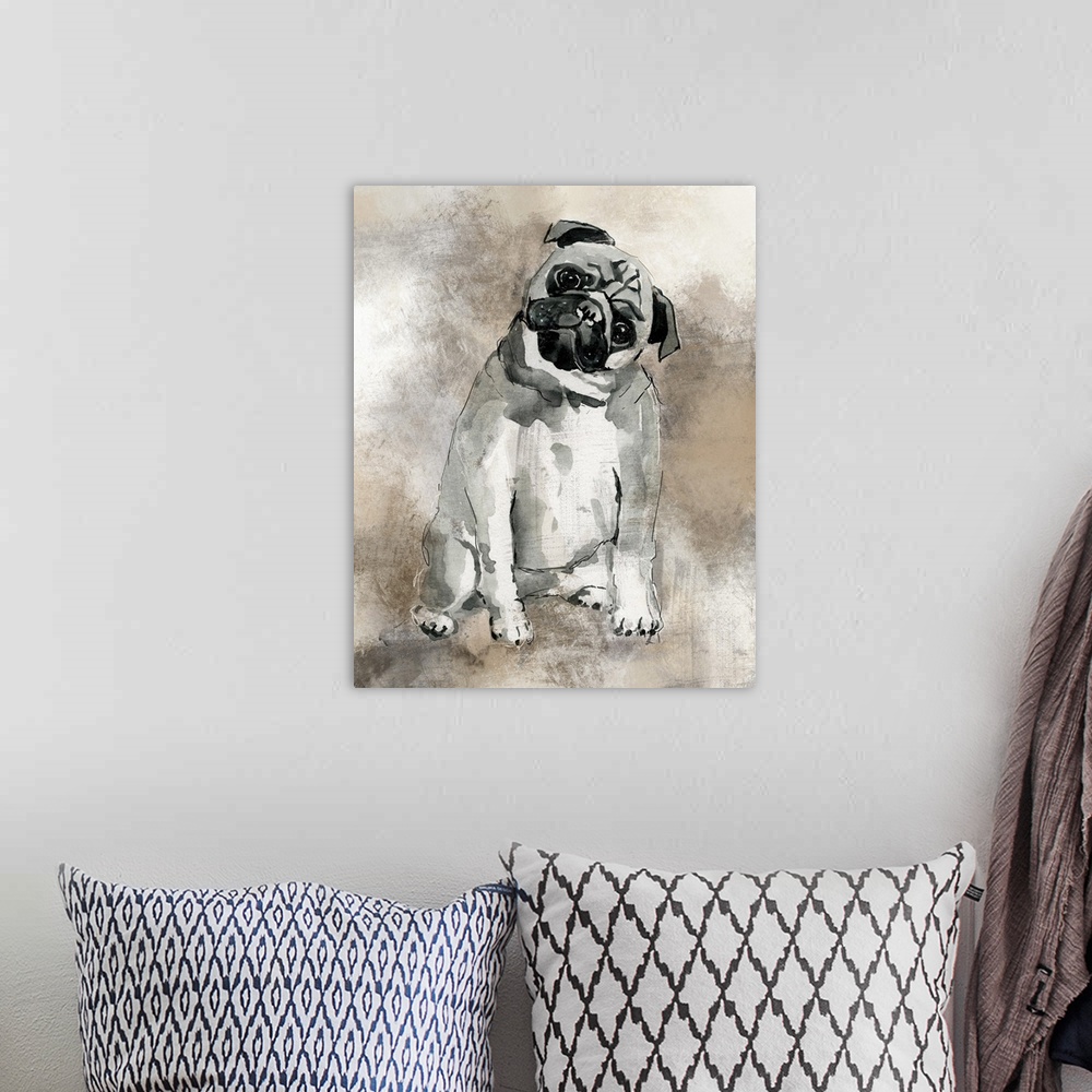 A bohemian room featuring Watercolor painting of a cute pug in grey, black, and white tones on a mixed neutral colored back...