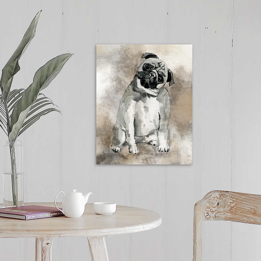 A farmhouse room featuring Watercolor painting of a cute pug in grey, black, and white tones on a mixed neutral colored back...