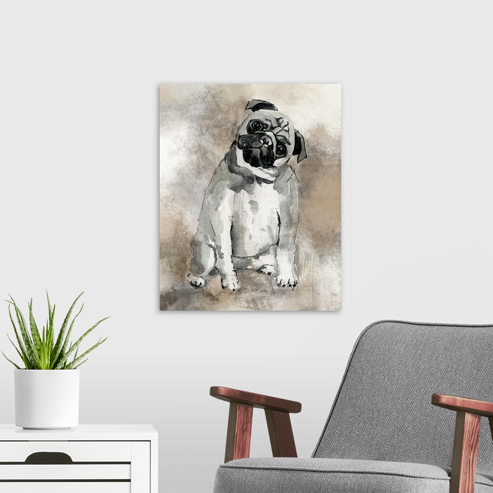 A modern room featuring Watercolor painting of a cute pug in grey, black, and white tones on a mixed neutral colored back...