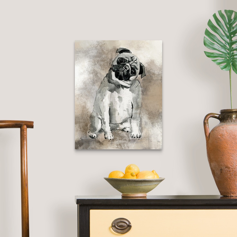 A traditional room featuring Watercolor painting of a cute pug in grey, black, and white tones on a mixed neutral colored back...