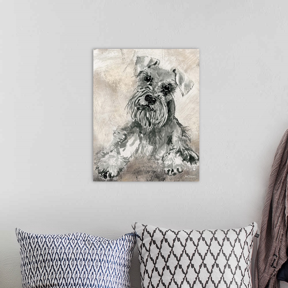 A bohemian room featuring Watercolor painting of a cute schnauzer in grey, black, and white tones on a mixed neutral colore...