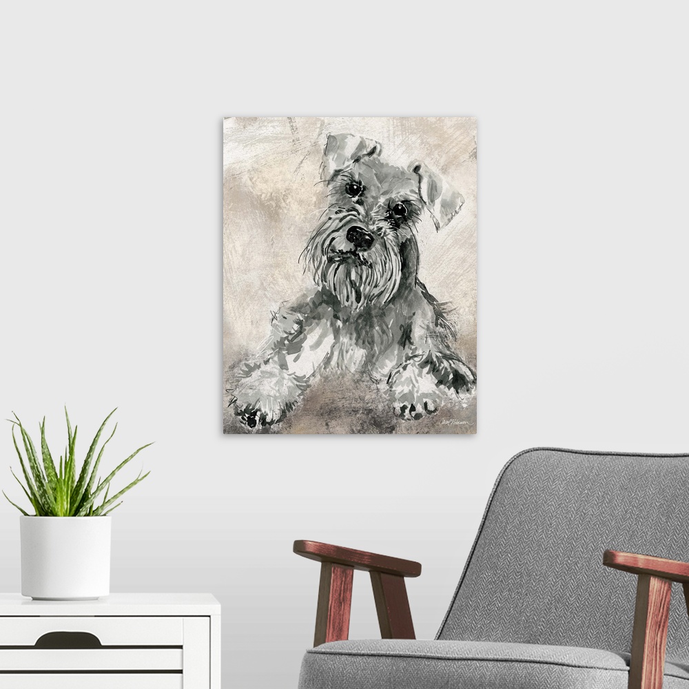 A modern room featuring Watercolor painting of a cute schnauzer in grey, black, and white tones on a mixed neutral colore...