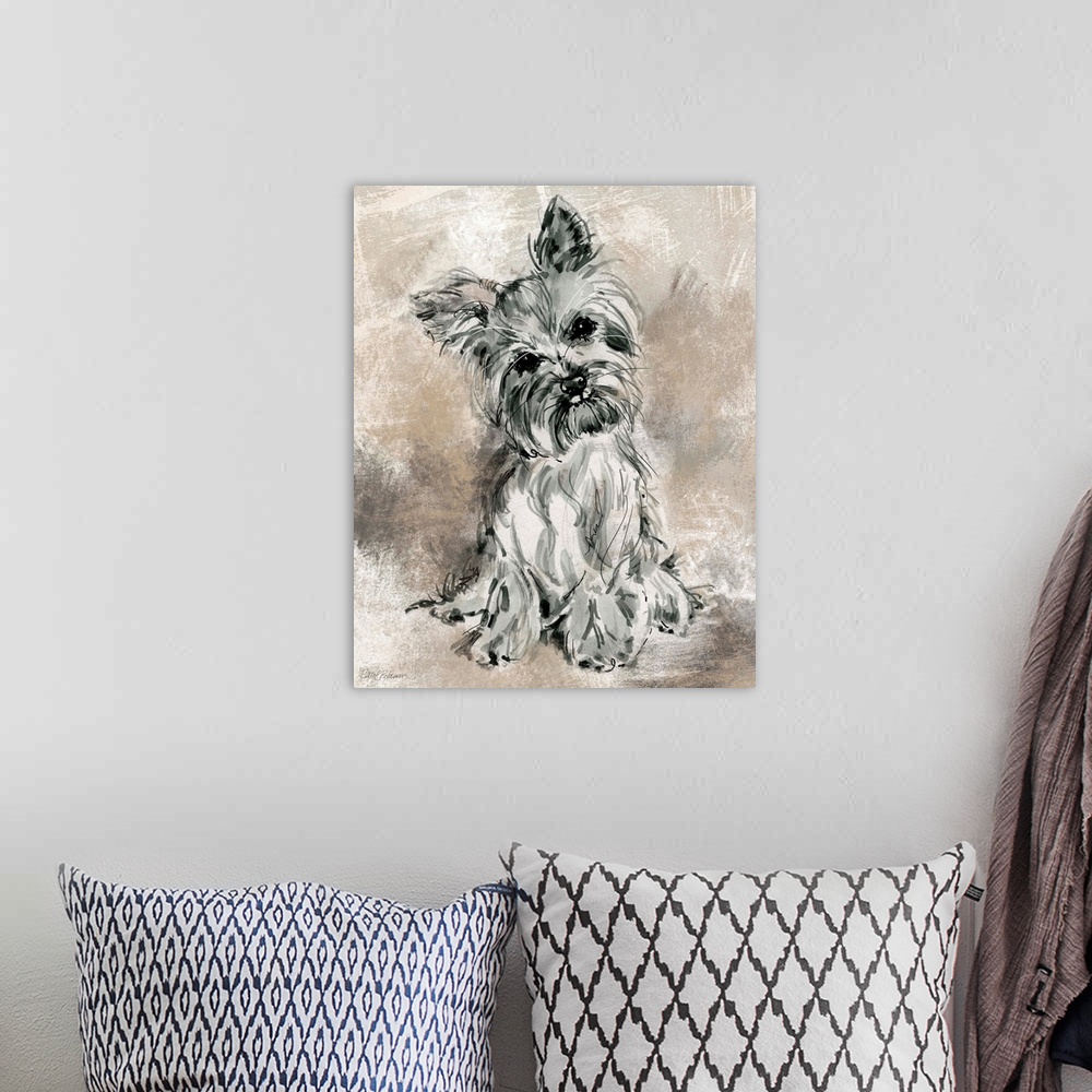 A bohemian room featuring Watercolor painting of a cute yorkie in grey, black, and white tones on a mixed neutral colored b...