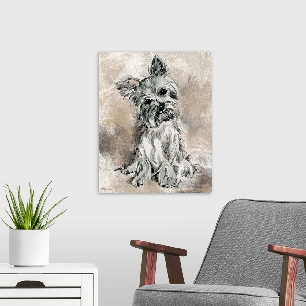 A modern room featuring Watercolor painting of a cute yorkie in grey, black, and white tones on a mixed neutral colored b...