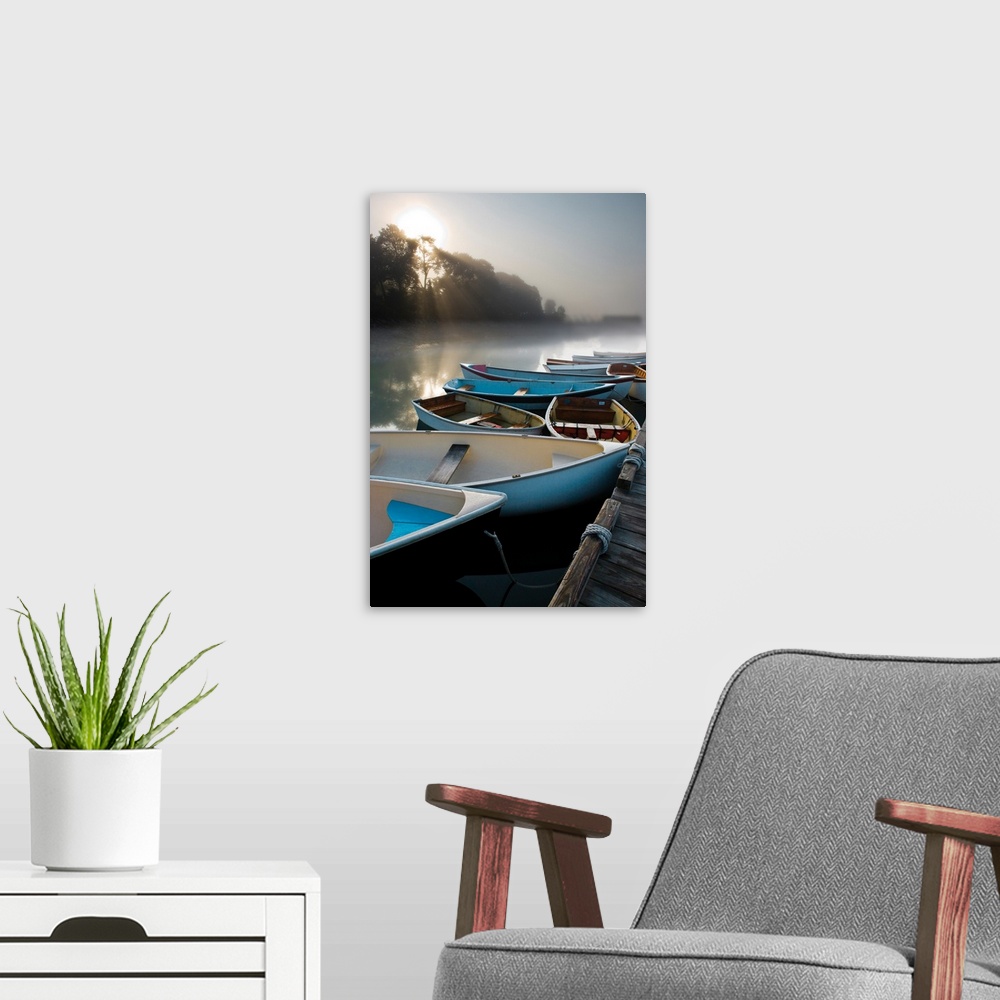 A modern room featuring Photograph of a cluster of boats docked on a lake with beautiful morning light peering through th...