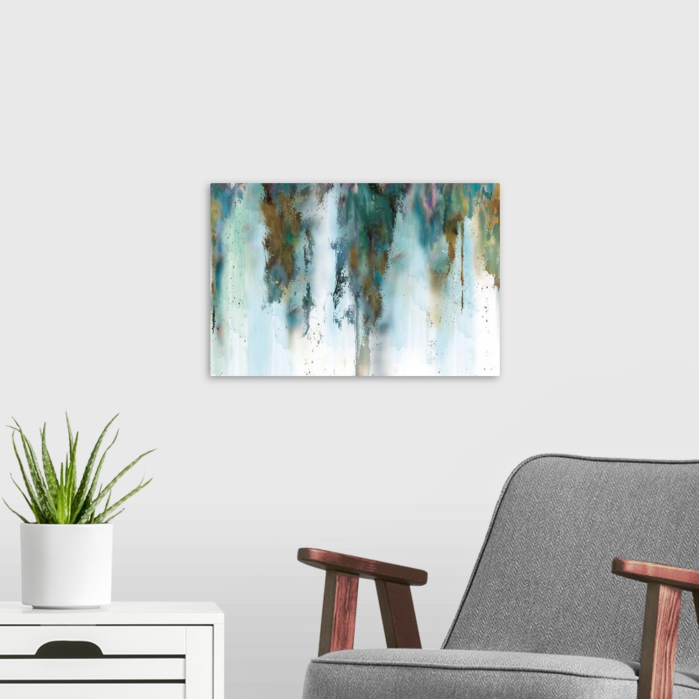 A modern room featuring An abstract painting with heavy coloring at the top and fading towards the bottom.