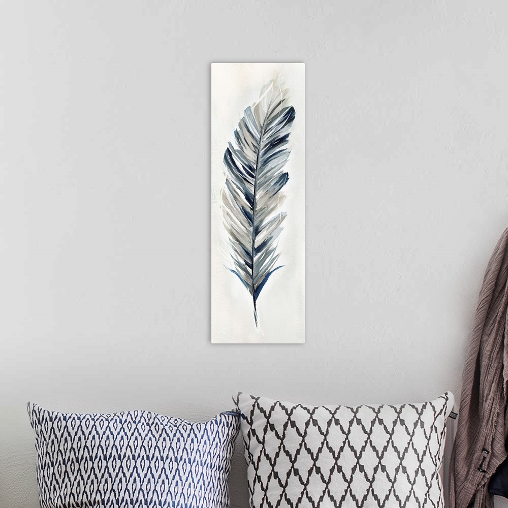A bohemian room featuring Panel painting of a feather made with shades of blue, white, and gray.
