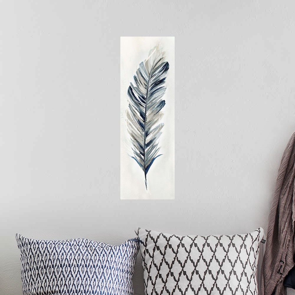 A bohemian room featuring Panel painting of a feather made with shades of blue, white, and gray.