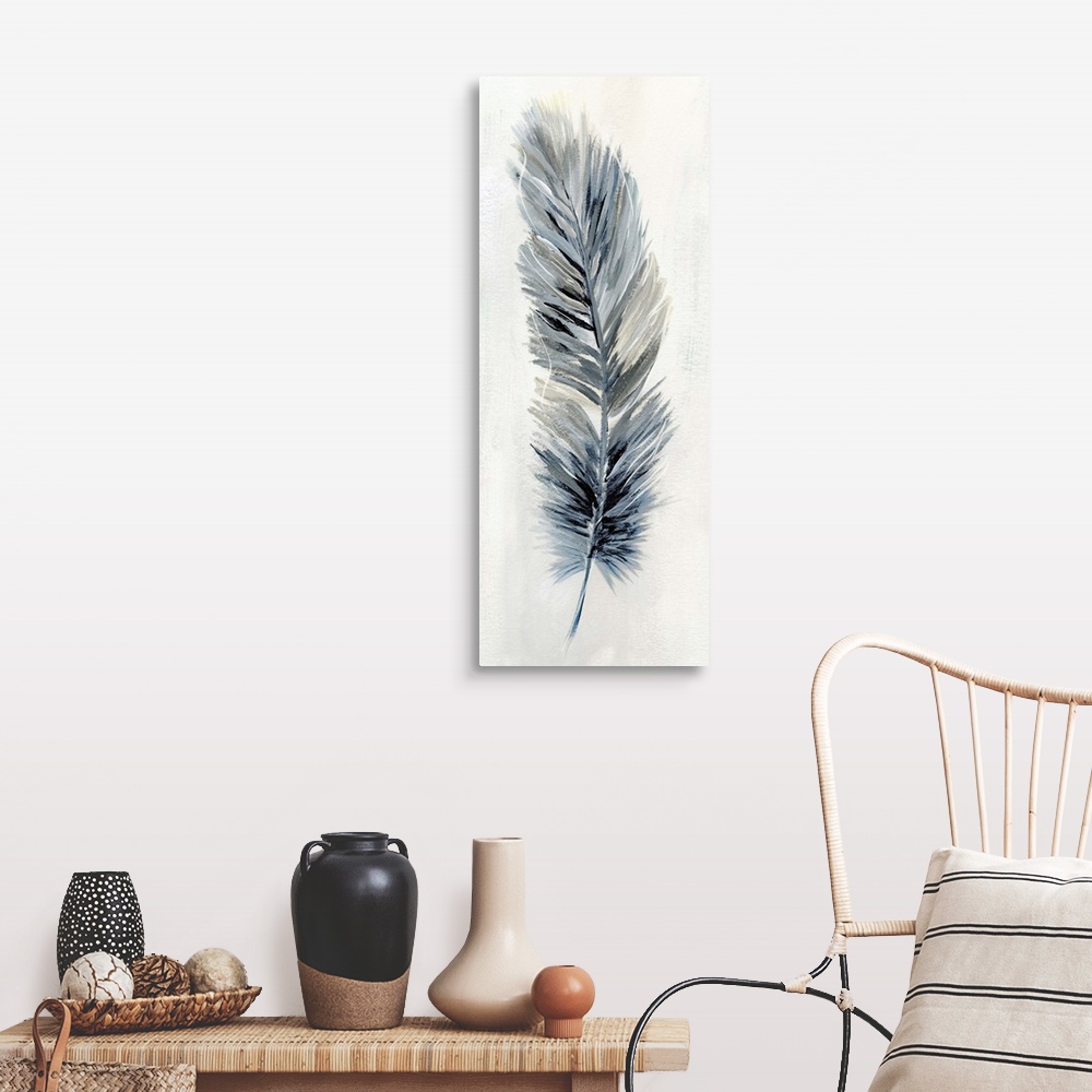 A farmhouse room featuring Panel painting of a feather made with shades of blue, white, and gray.