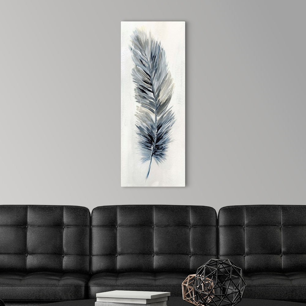 A modern room featuring Panel painting of a feather made with shades of blue, white, and gray.