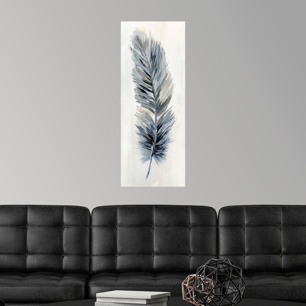 A modern room featuring Panel painting of a feather made with shades of blue, white, and gray.