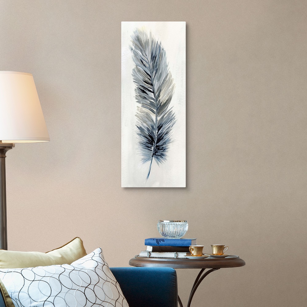A traditional room featuring Panel painting of a feather made with shades of blue, white, and gray.