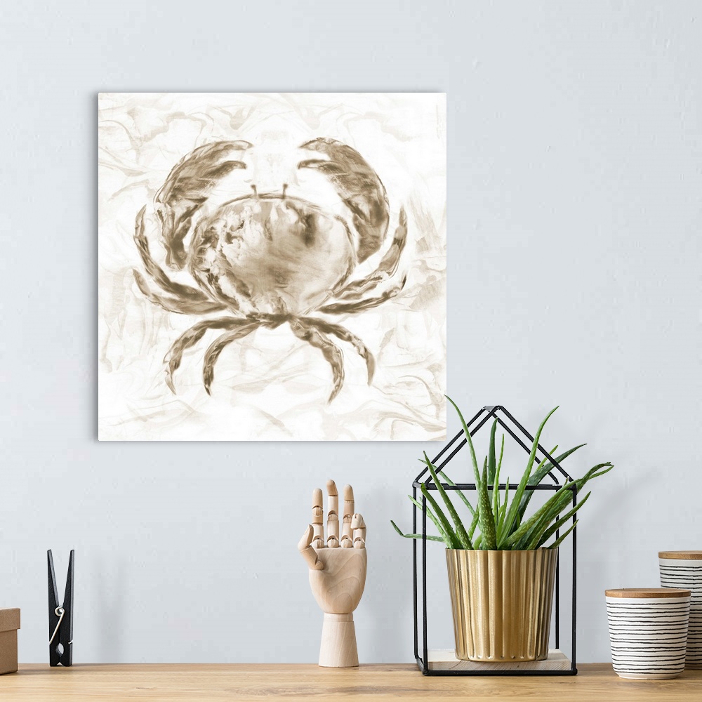 A bohemian room featuring Square beach themed painting of a crab in neutral brown tones with a marbled finish and background.