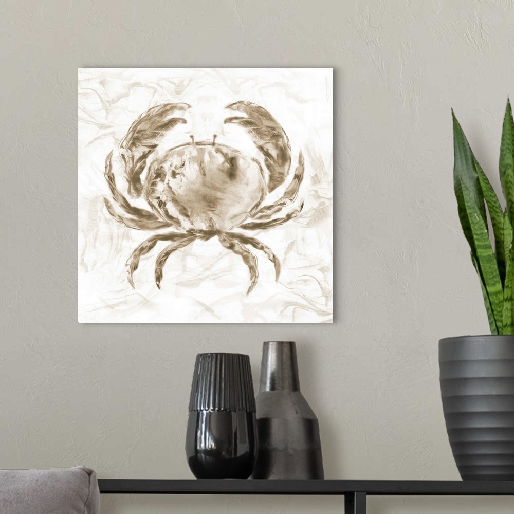 A modern room featuring Square beach themed painting of a crab in neutral brown tones with a marbled finish and background.