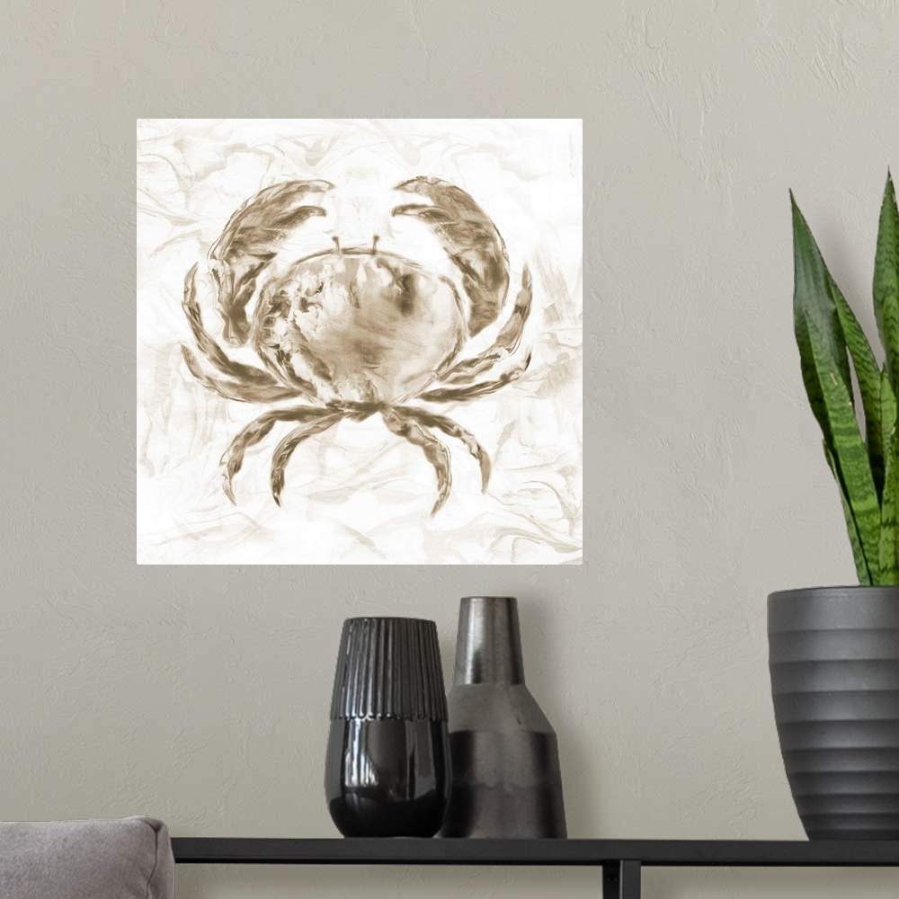 A modern room featuring Square beach themed painting of a crab in neutral brown tones with a marbled finish and background.
