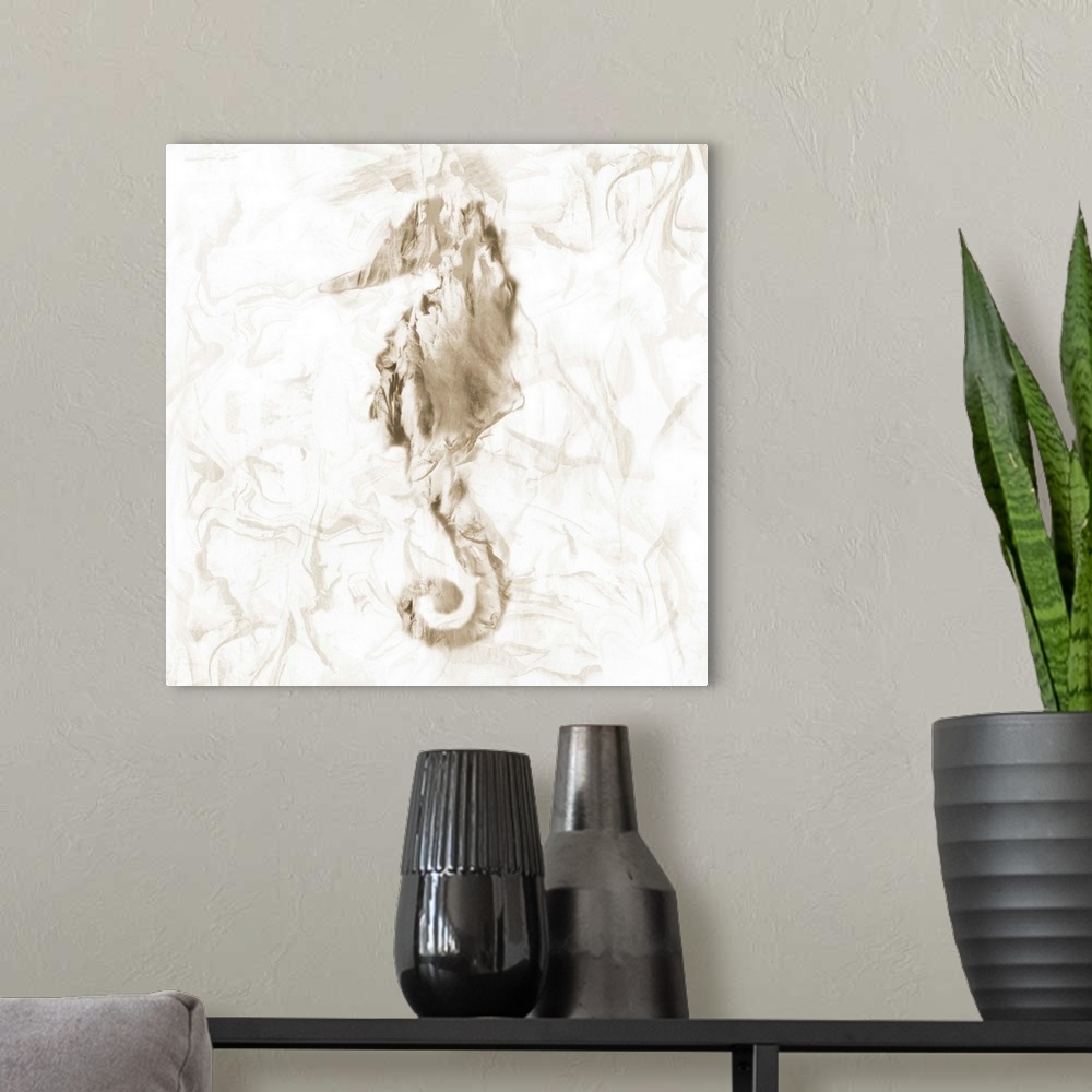 A modern room featuring Square beach themed painting of a seahorse in neutral brown tones with a marbled finish and backg...