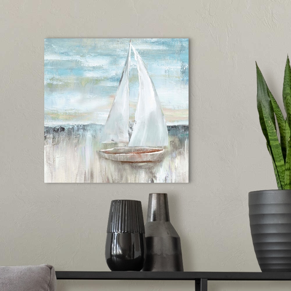 A modern room featuring Thick textured paint of blues, whites and grays create this poised sailboat on a sea.