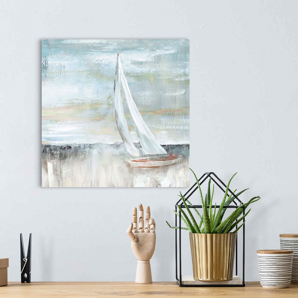 A bohemian room featuring Thick textured paint of blues, whites and grays create this poised sailboat on a sea.