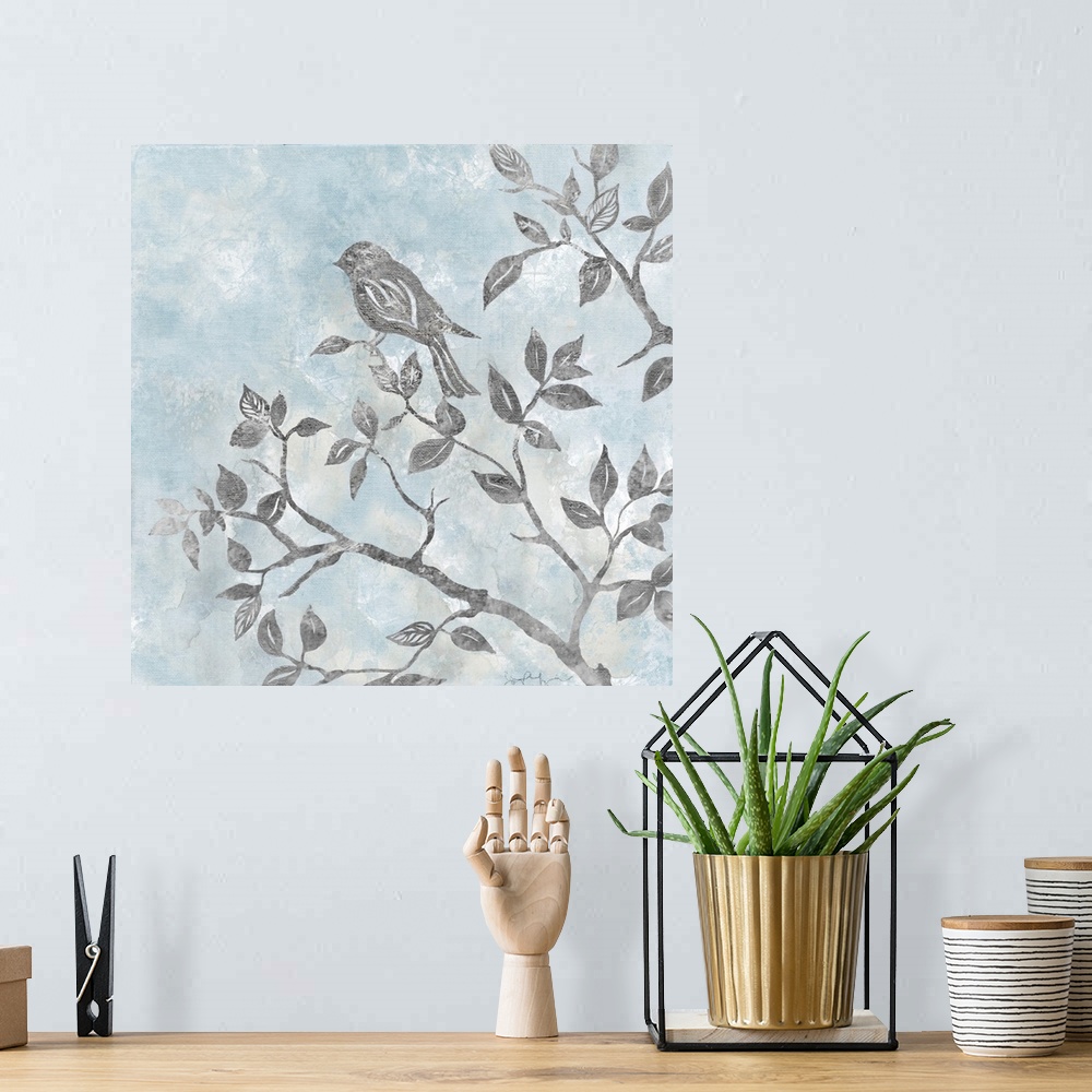 A bohemian room featuring Contemporary square painting of silver silhouettes of a bird and tree branches with a light blue ...