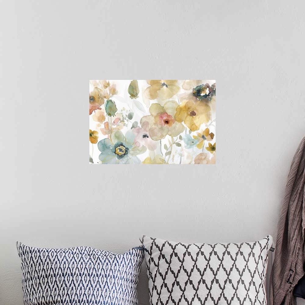 A bohemian room featuring Large watercolor painting of Spring florals on a white background.