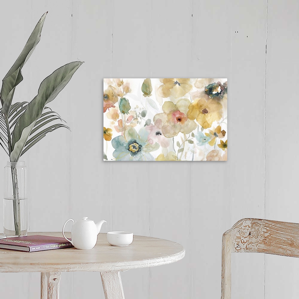 A farmhouse room featuring Large watercolor painting of Spring florals on a white background.