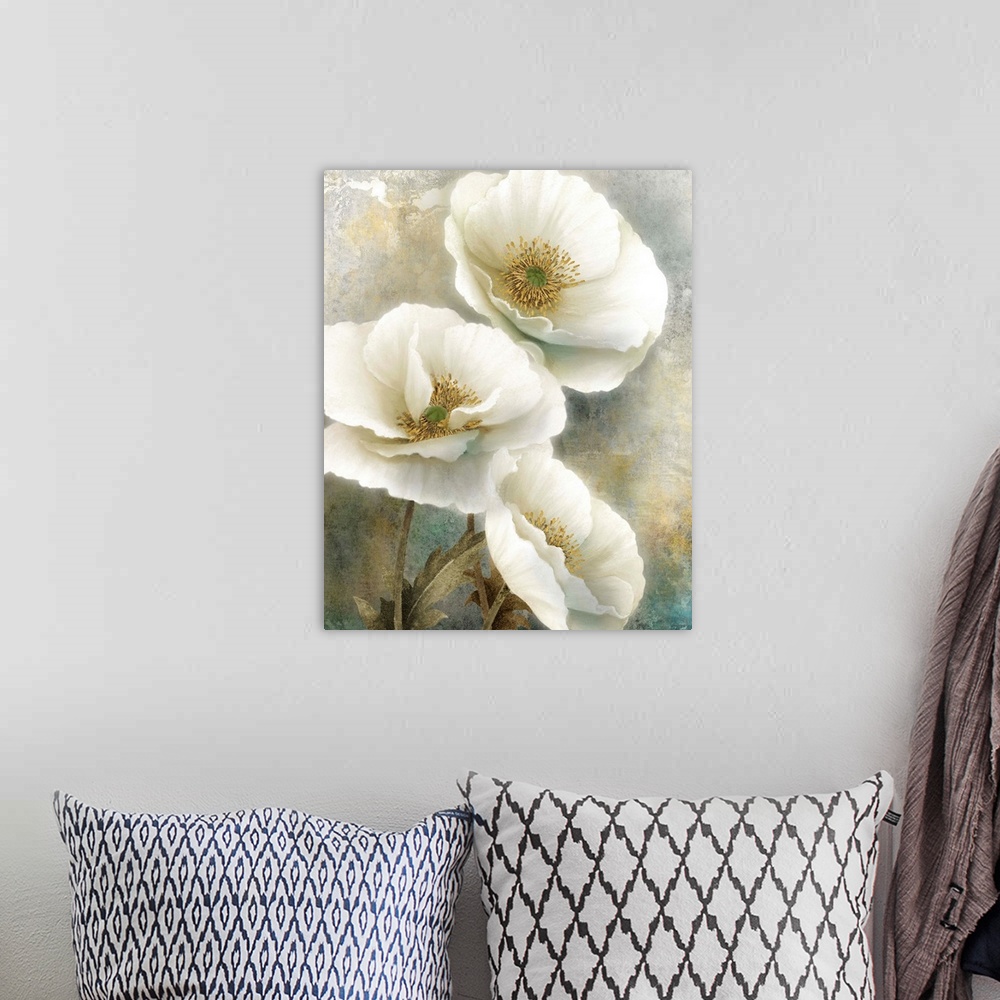 A bohemian room featuring Contemporary painting of three white poppy flowers with gold centers, stems, and leaves.