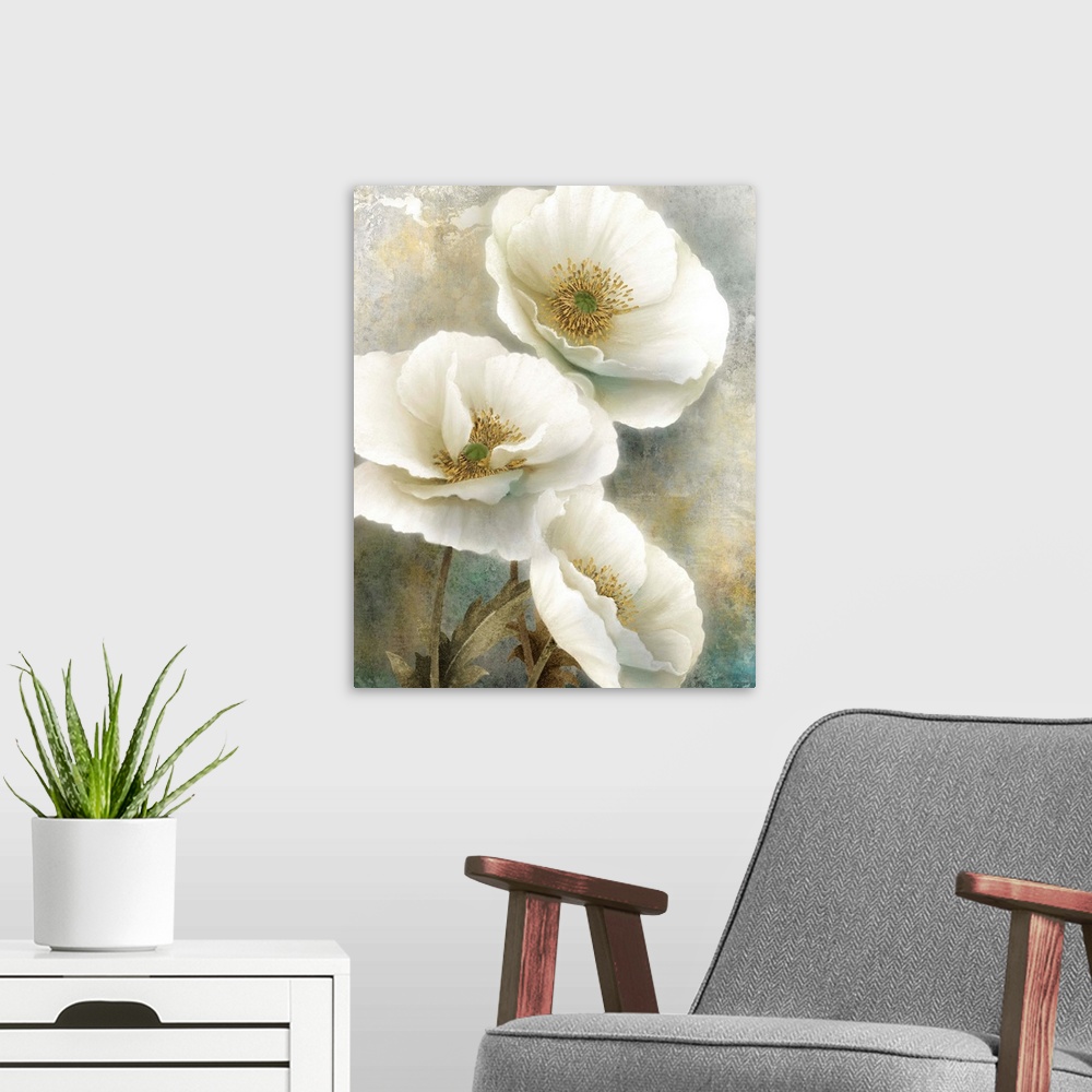 A modern room featuring Contemporary painting of three white poppy flowers with gold centers, stems, and leaves.
