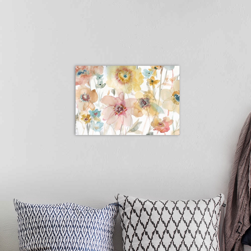 A bohemian room featuring Large watercolor painting of Spring florals on a white background.