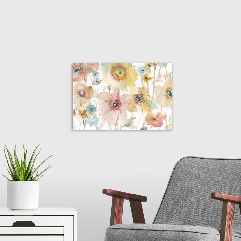 A modern room featuring Large watercolor painting of Spring florals on a white background.