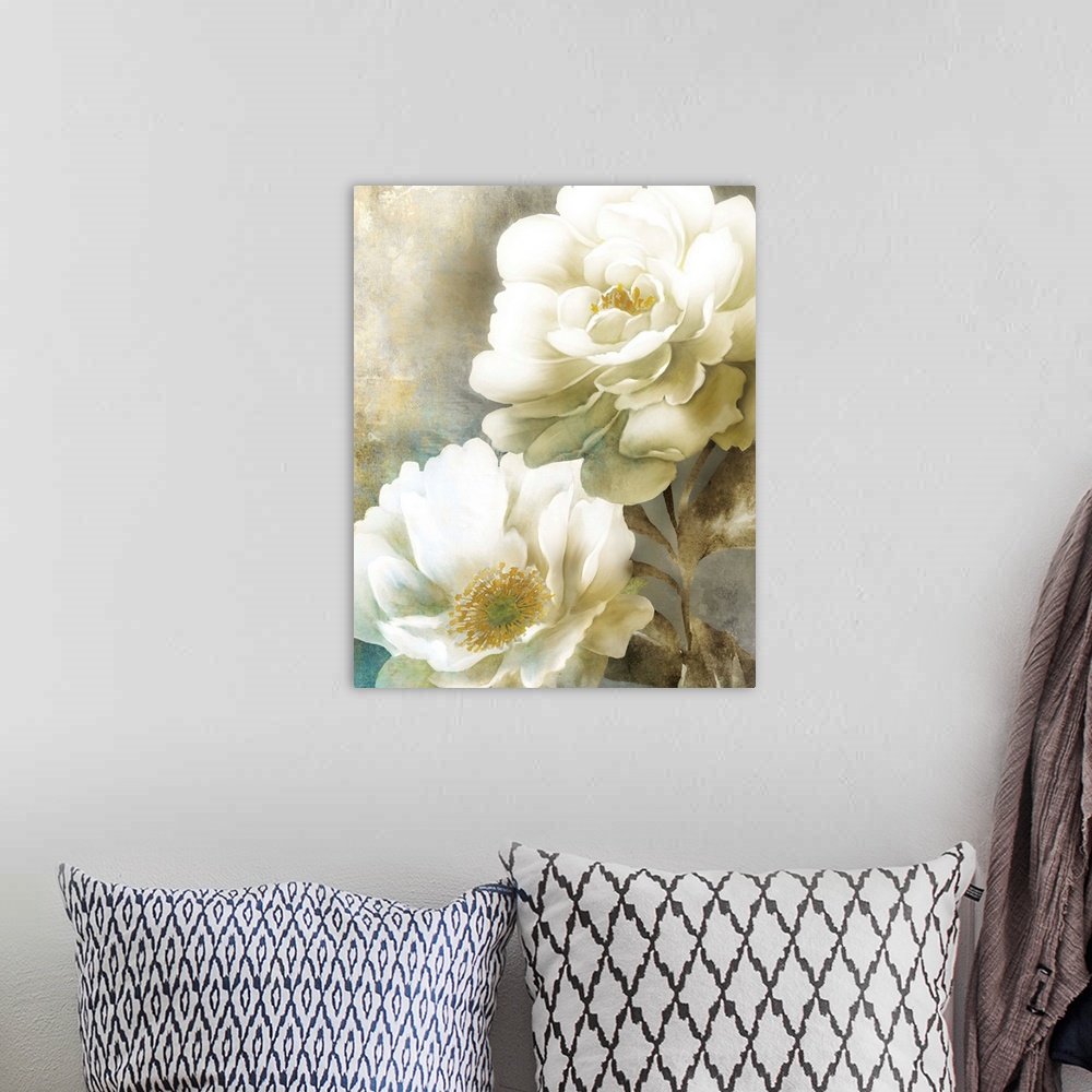 A bohemian room featuring Contemporary painting of two white poppy flowers with gold centers, stems, and leaves.
