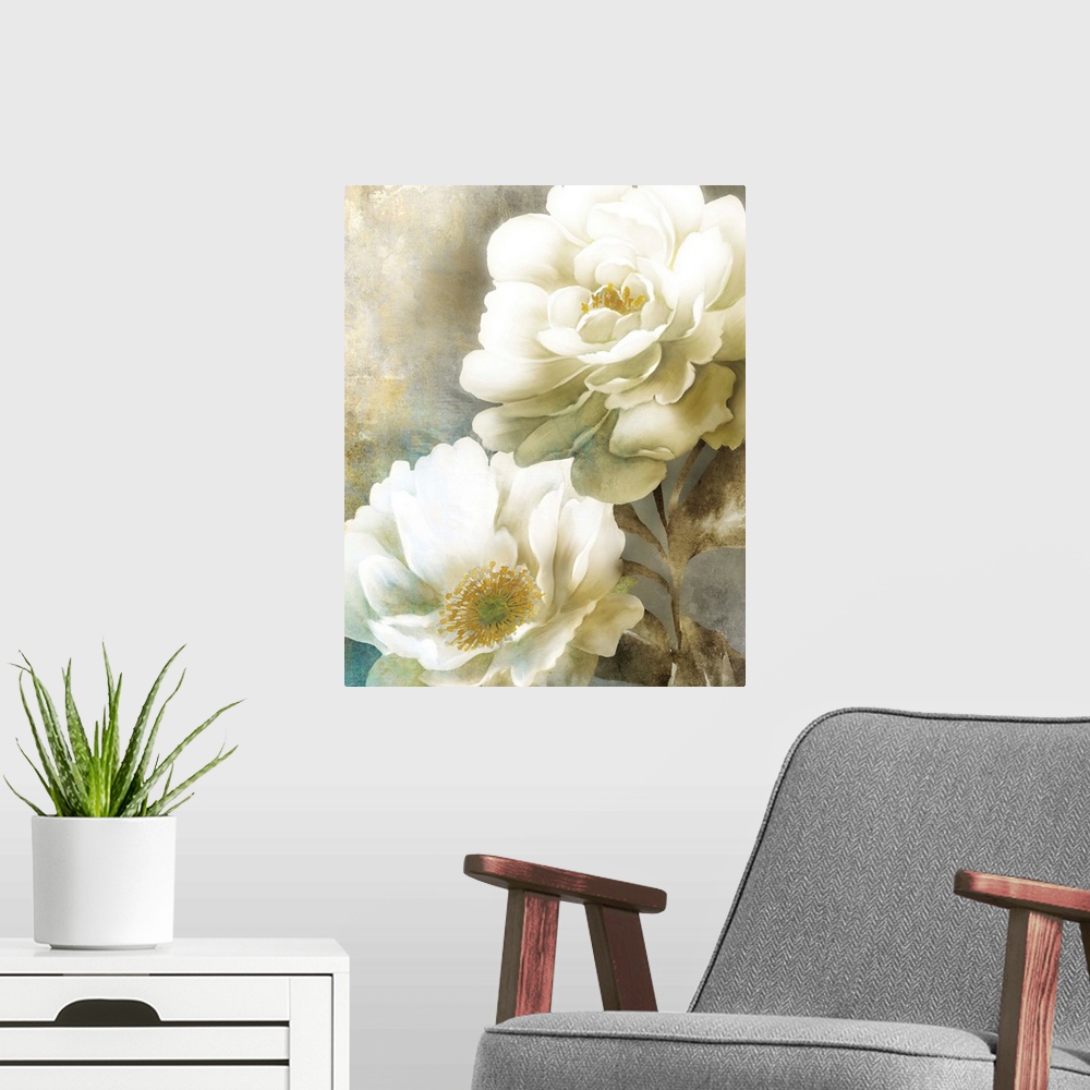 A modern room featuring Contemporary painting of two white poppy flowers with gold centers, stems, and leaves.