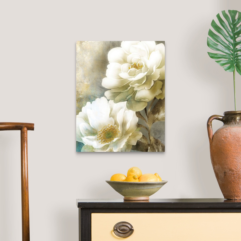 A traditional room featuring Contemporary painting of two white poppy flowers with gold centers, stems, and leaves.