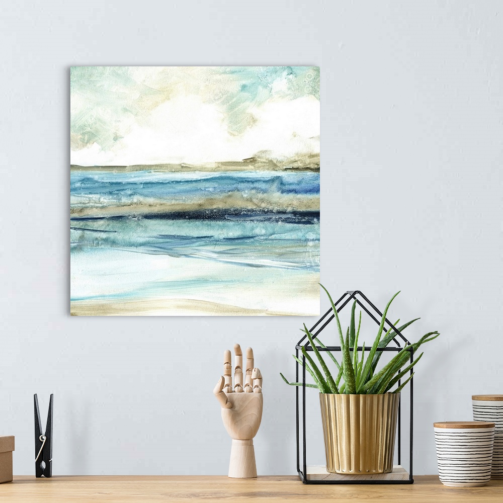 A bohemian room featuring Abstract painting of the beach with layers of blue, gray, and white hues.
