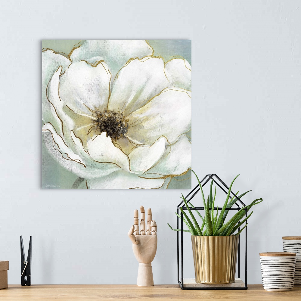 A bohemian room featuring Contemporary square painting of a white flower with metallic gold highlights on a green-blue back...