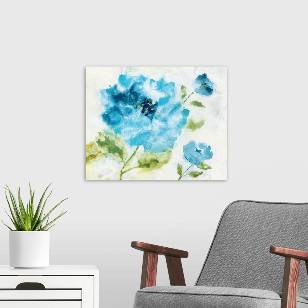 A modern room featuring Abstract painting of blue flowers on a white background.