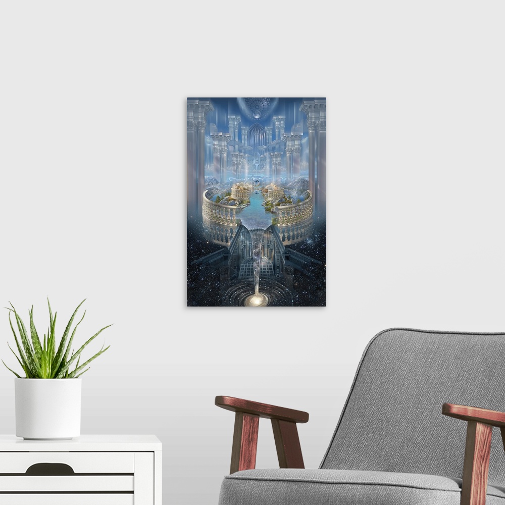 A modern room featuring Surreal fantasy graphic illustration.