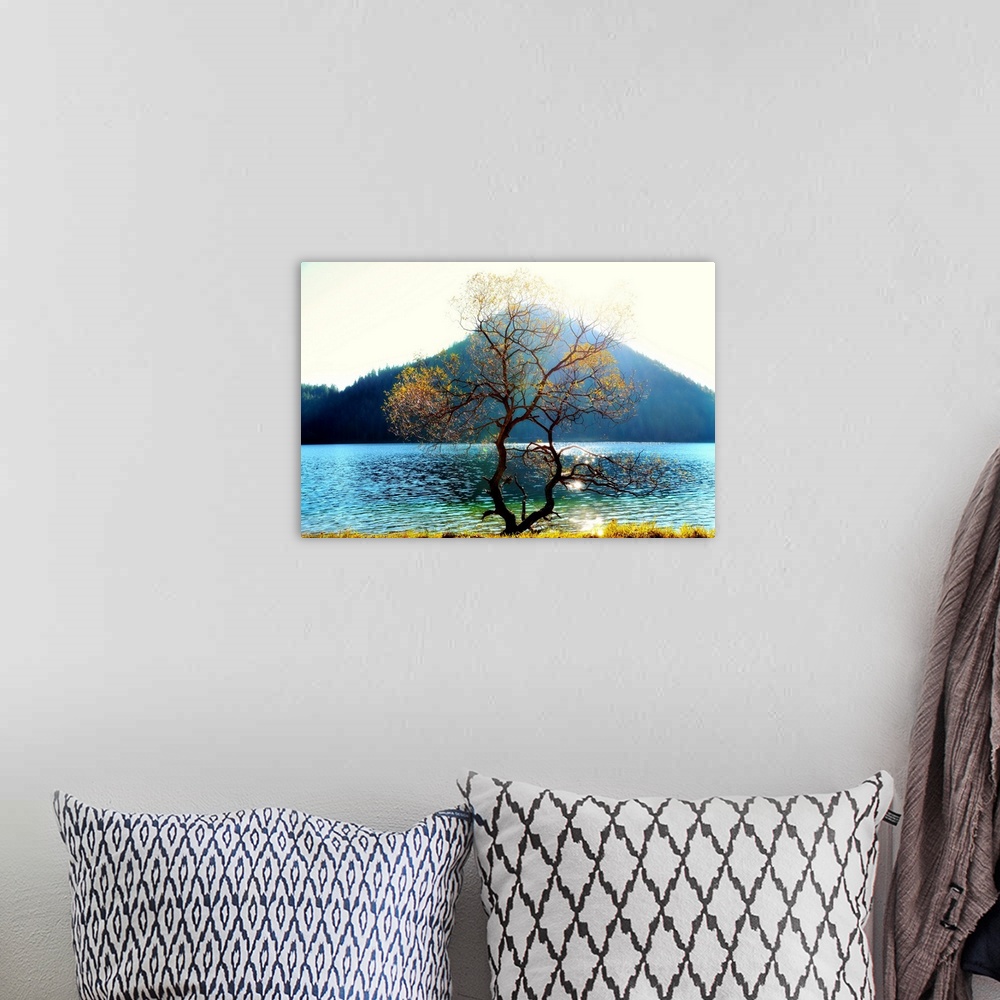 A bohemian room featuring A photograph of an almost bare tree with few yellow leaves in the foreground and a lake and mount...