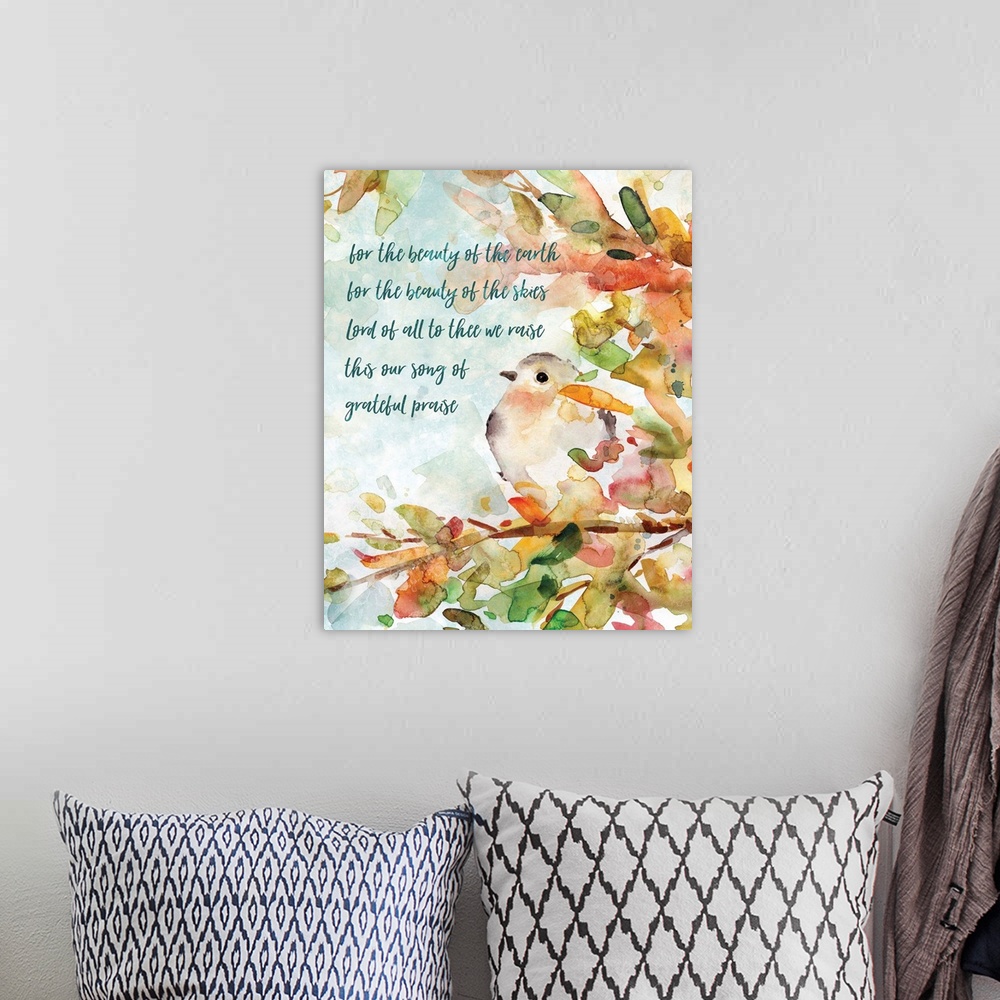 A bohemian room featuring Decorative watercolor artwork of a group of flowers and a bird with the text "For The Beauty of T...