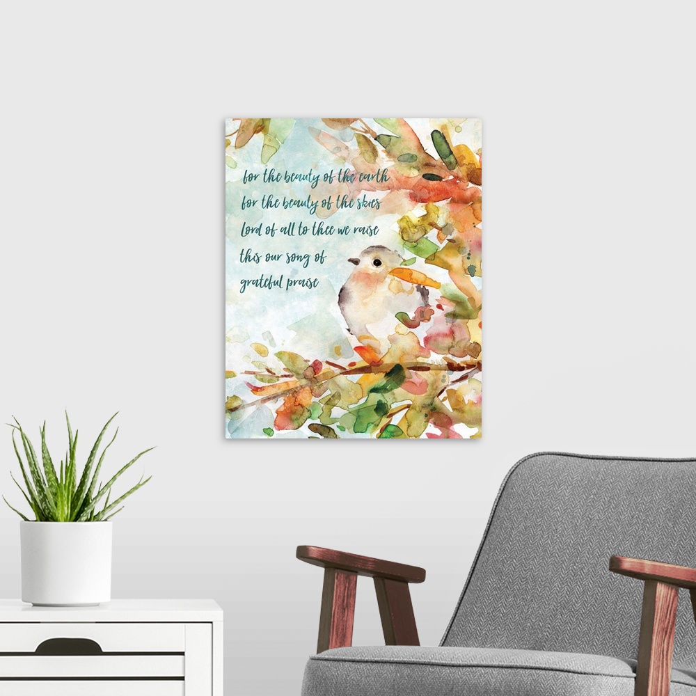 A modern room featuring Decorative watercolor artwork of a group of flowers and a bird with the text "For The Beauty of T...