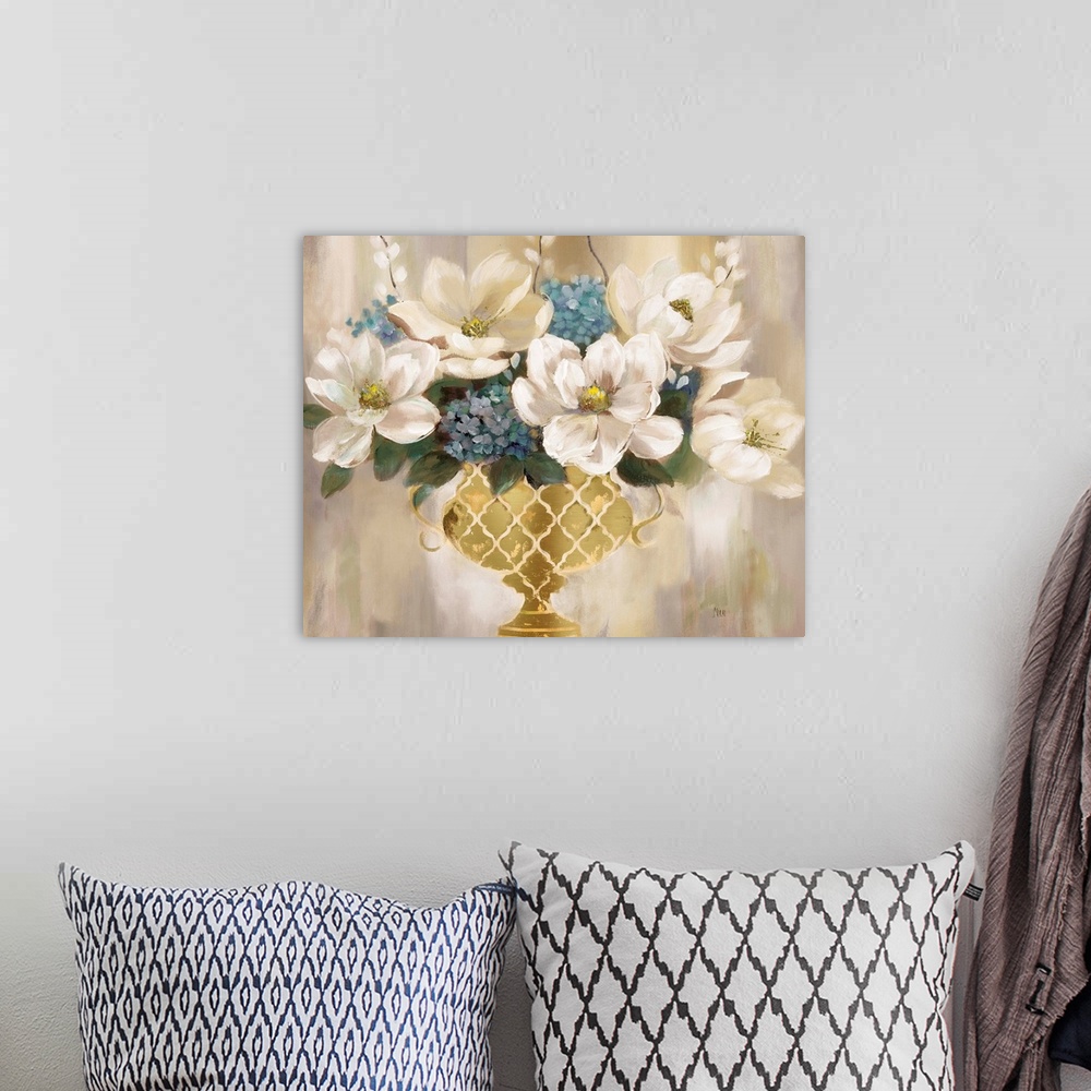 A bohemian room featuring Contemporary painting of an urn full of white magnolias.