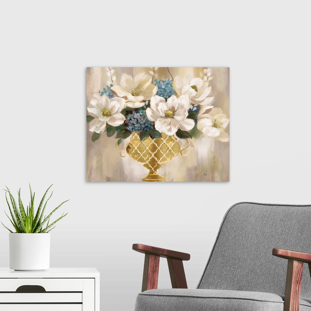 A modern room featuring Contemporary painting of an urn full of white magnolias.