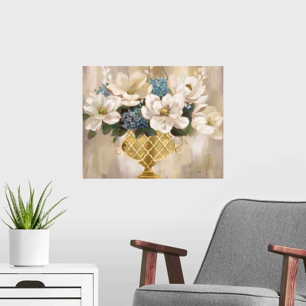 A modern room featuring Contemporary painting of an urn full of white magnolias.