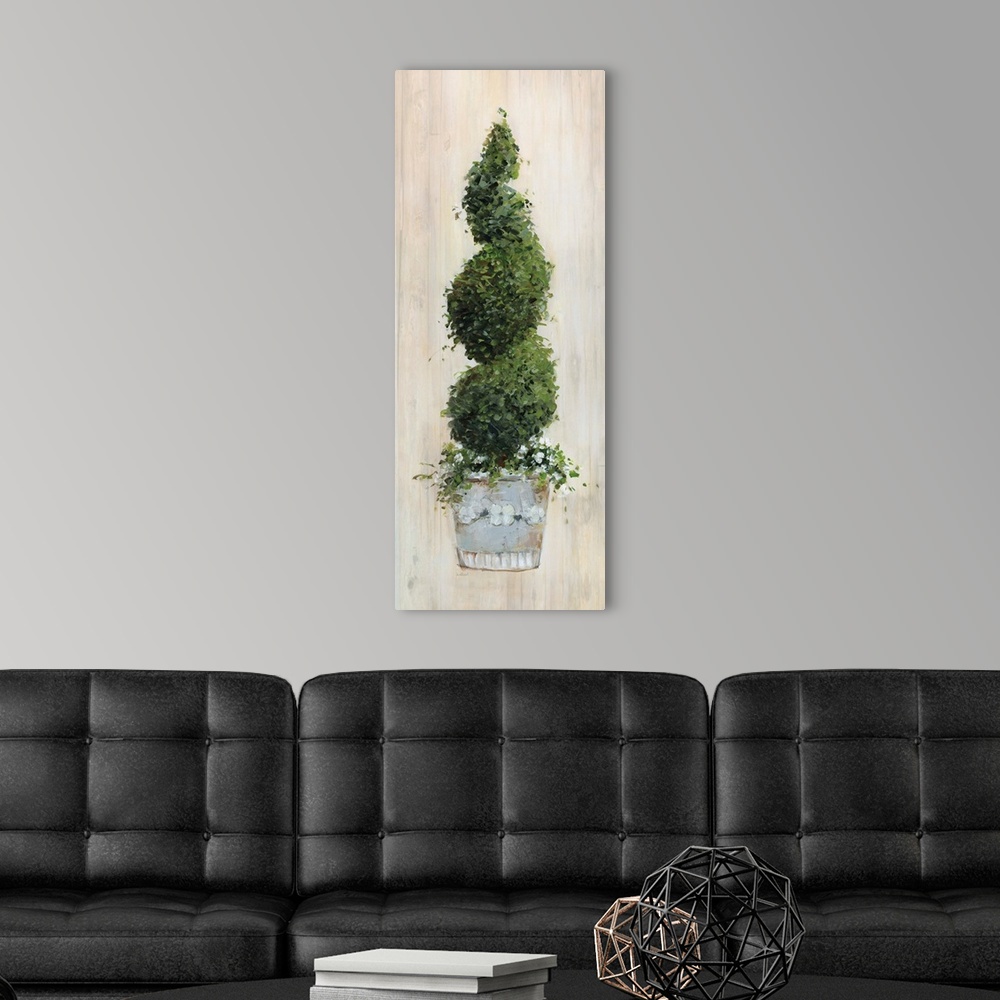 A modern room featuring A contemporary still life painting of a spiral topiary with a wood grain background.