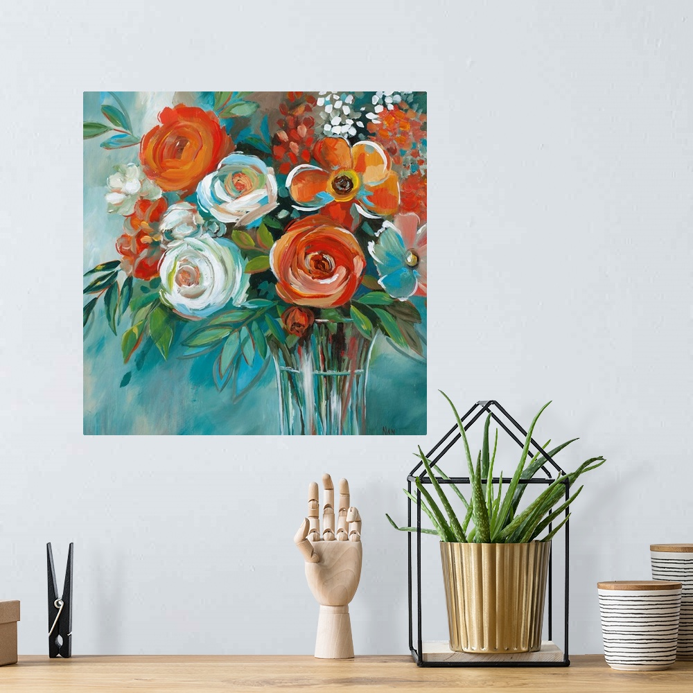 A bohemian room featuring Contemporary painting of red flowers in a glass vase.