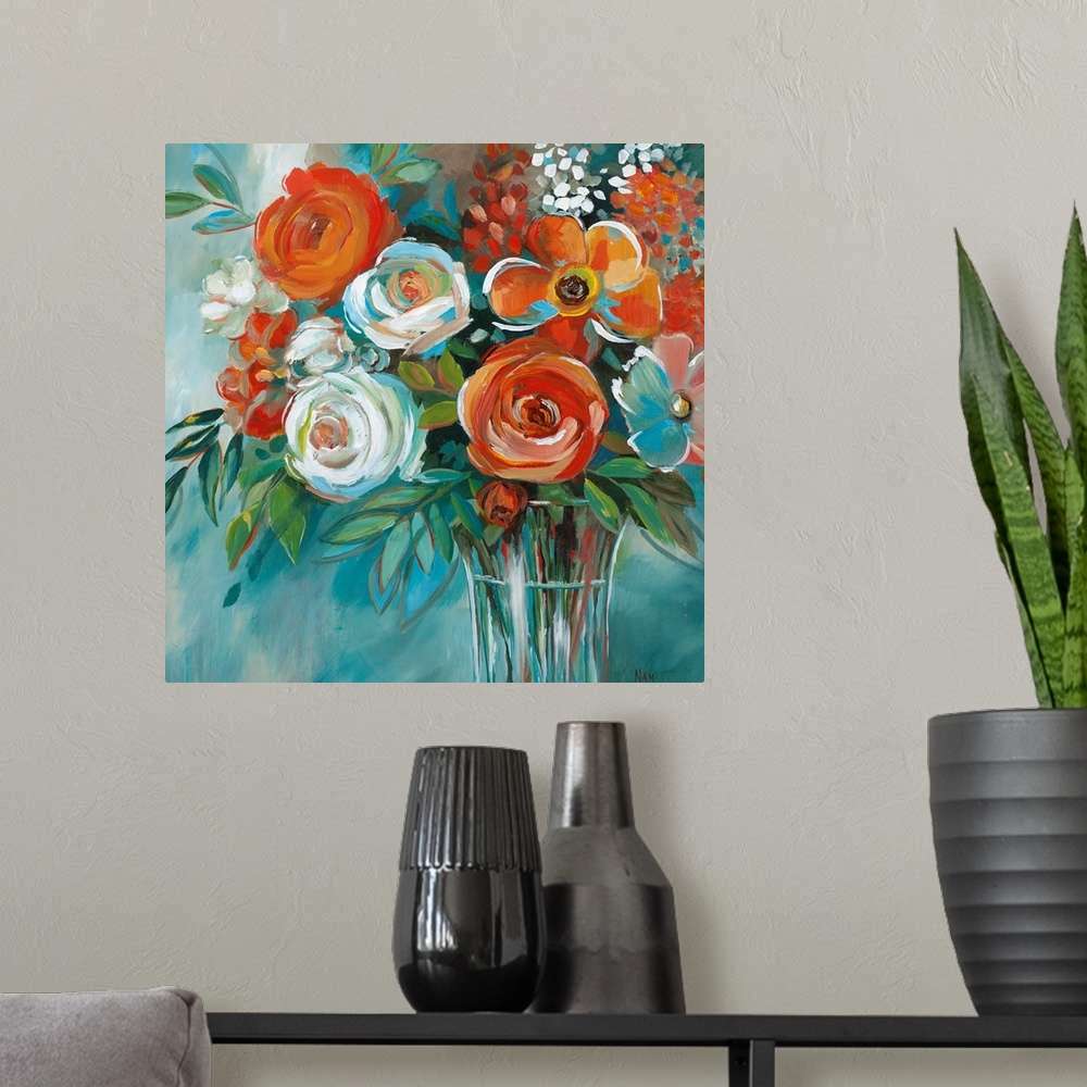 A modern room featuring Contemporary painting of red flowers in a glass vase.