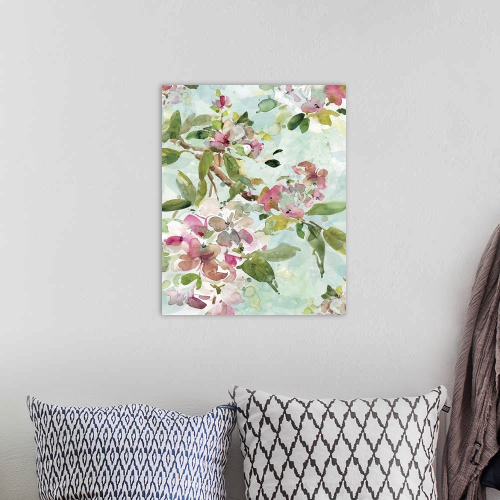 A bohemian room featuring Watercolor painting of branches with pink flowers and bright green leaves on a light blue backgro...