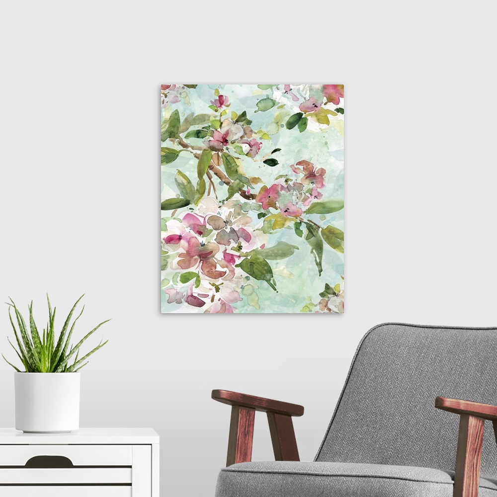 A modern room featuring Watercolor painting of branches with pink flowers and bright green leaves on a light blue backgro...