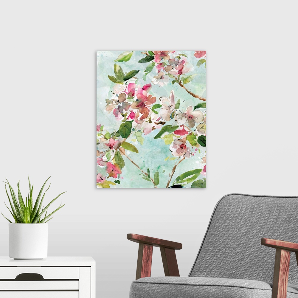 A modern room featuring Watercolor painting of branches with pink and white flowers and bright green leaves on a light bl...