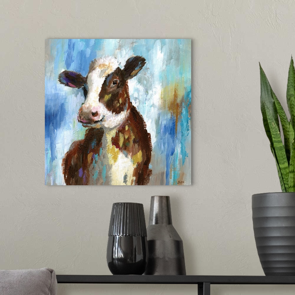 A modern room featuring Contemporary portrait of a young black and white cow.